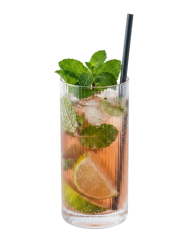 Mojito Rosso cocktail met een schijfje sinaasappel en een takje rozemarijn