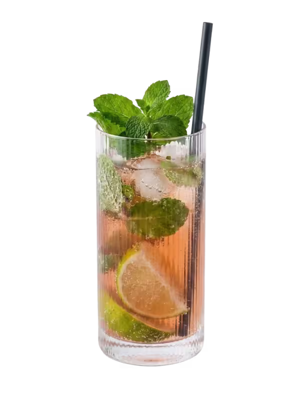 Mojito Rosso cocktail met een schijfje sinaasappel en een takje rozemarijn
